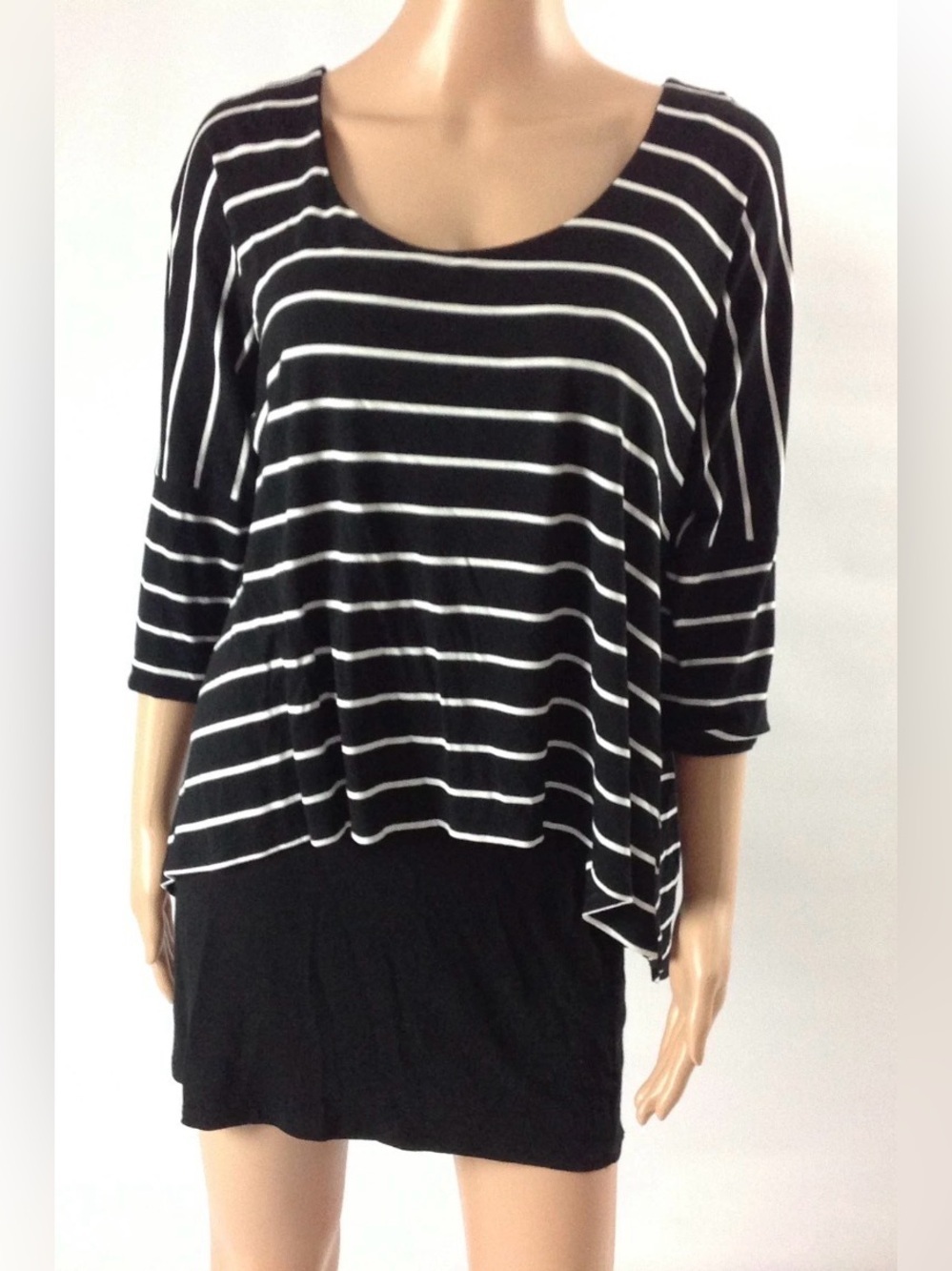 🤍🖤 WHBM Mini Dress 3/4 Dolman Sleeve Knit Overlay Sz M Black White Stripe Cute!